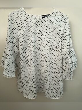 Karl Lagerfeld White Blouse with Black Polka Dots and Tiered Ruffle Sleeves